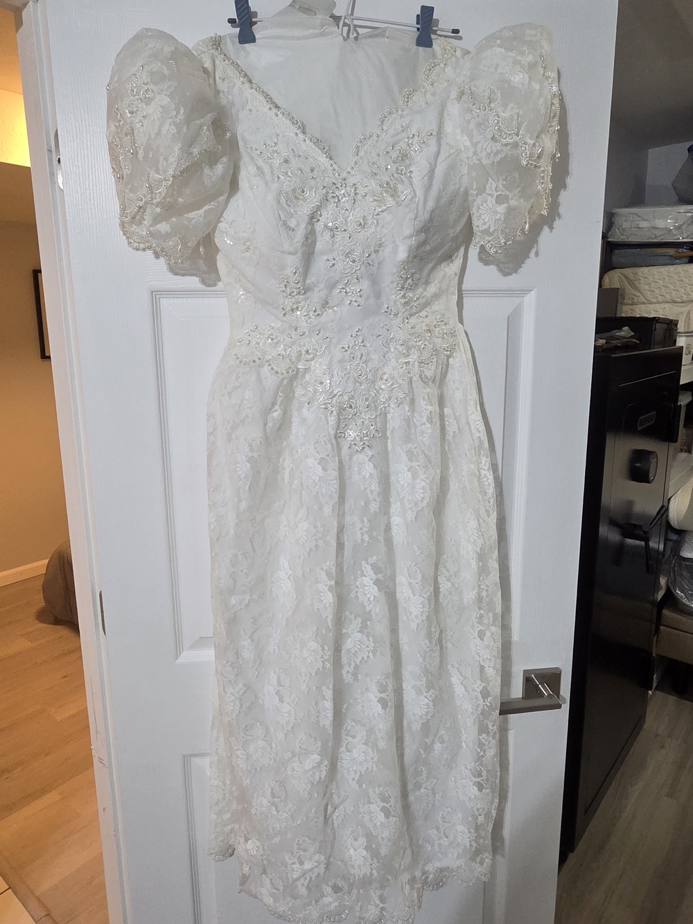 Vintage Custom White Beaded & Lace Overlay Wedding Dress, 14 inch Waist